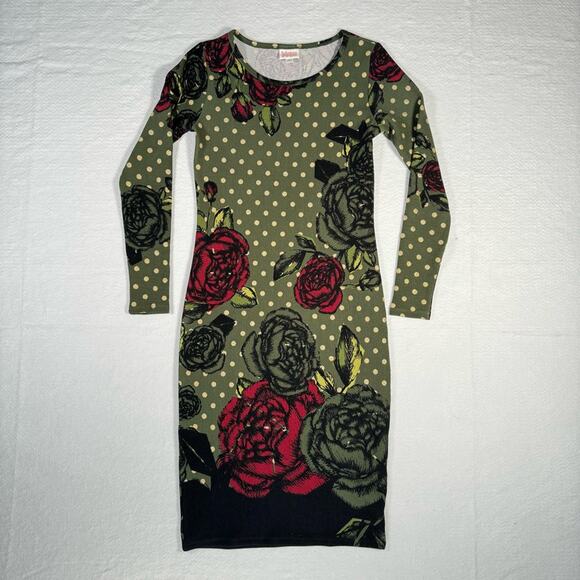 LuLaRoe Olive Green Debbie Metallic Gold Polka Dot Rose Floral Women’s Size XS - Picture 1 of 11